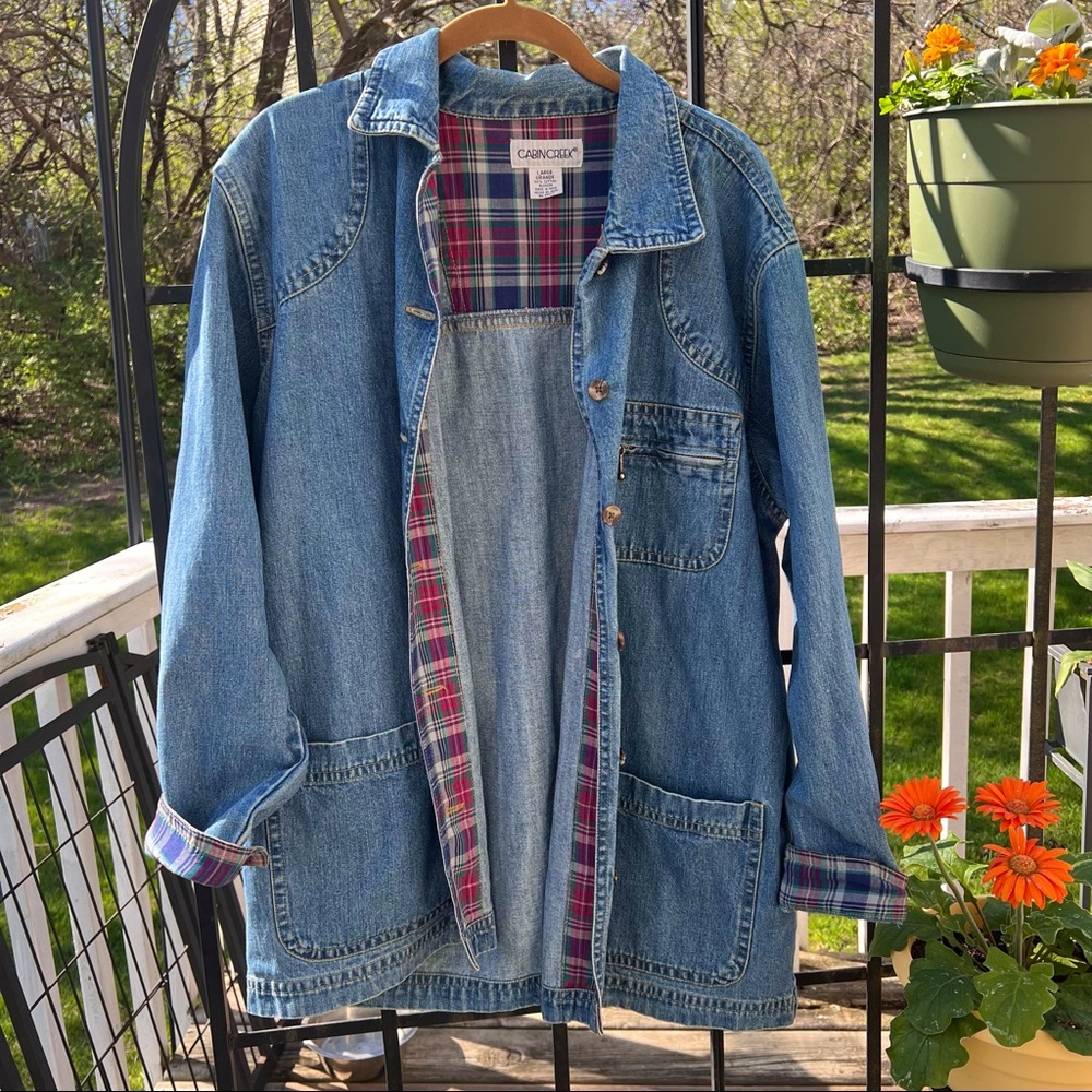 jean jacket with plaid accents vintage